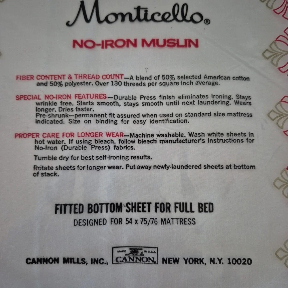 Vintage Cannon Monticello No‎ Iron Muslin Full Fitted Sheet 54x75 50/50 USA NOS